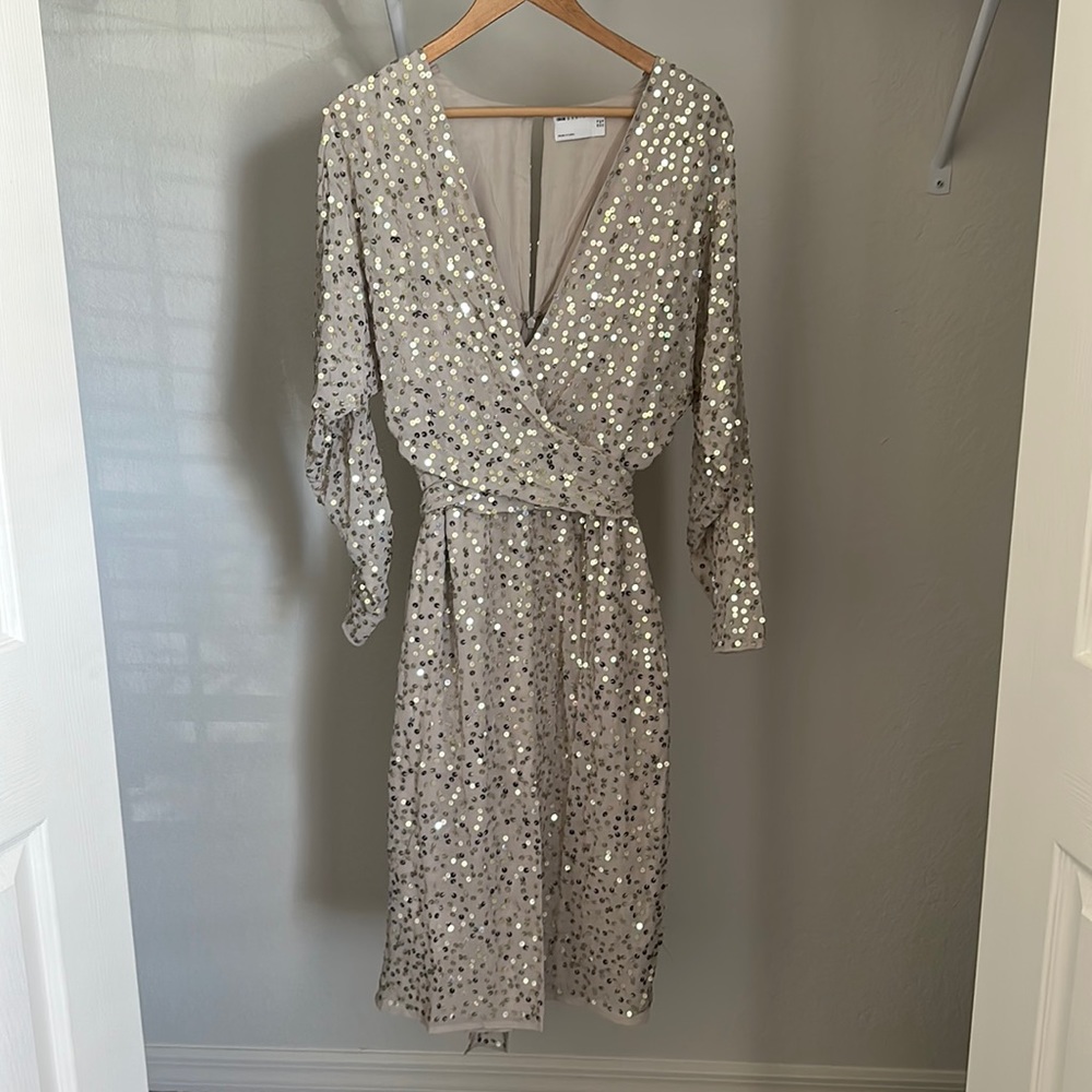 Gray/silver sequin ASOS Design midi cocktail dress. US size 10.